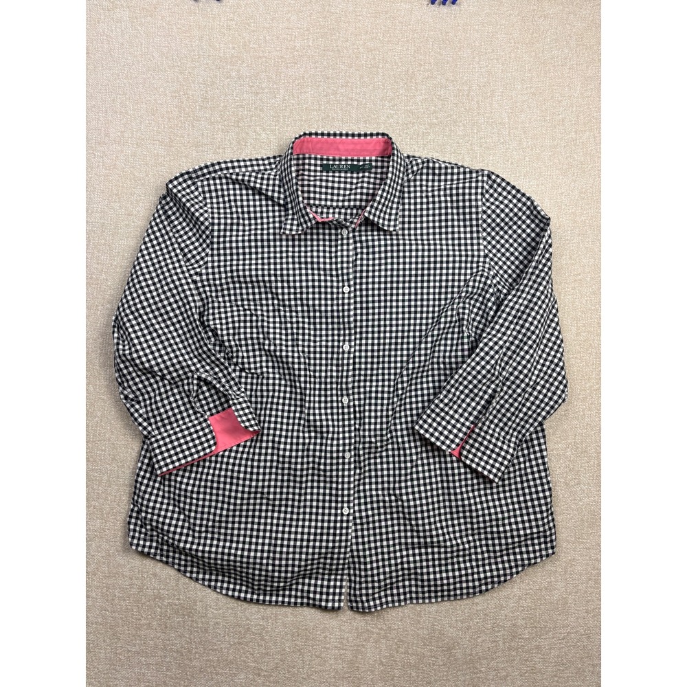Lauren Ralph Lauren Womens 3X Gingham Button Down Shirt Black White Pink Trim